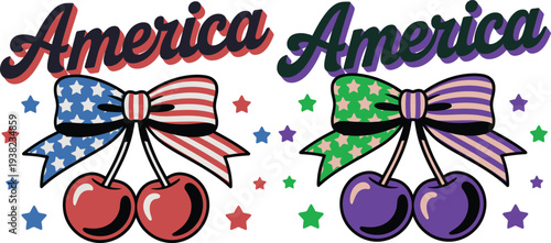 America Patriotic Cherry Graphic Set with US Flag Bow Tie and Purple Star Variant on White Background