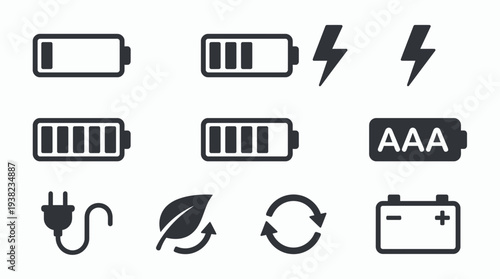 Set of black and white battery icons showing charge levels, power symbol, plug and recycling concept for energy management application, electric vehicle interface and sustainable technology design