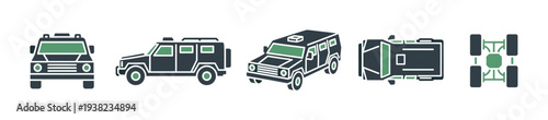Armored vehicle icons set showing different perspectives of the robust military or security transport.
