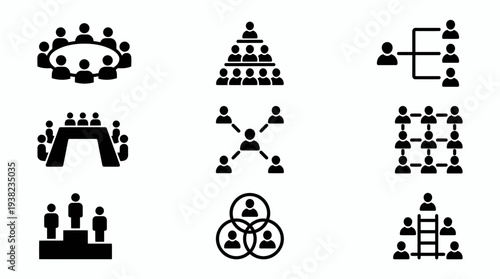 Set of black icons representing organizational structures and team collaboration, concept for management presentation, leadership strategy and corporate development
