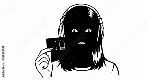 Person wearing headphones, looking shocked, holding a device with a dark scene
