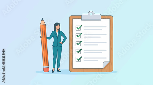 Businesswoman holding giant pencil next to completed checklist on clipboard, concept for project management, task completion and goal achievement