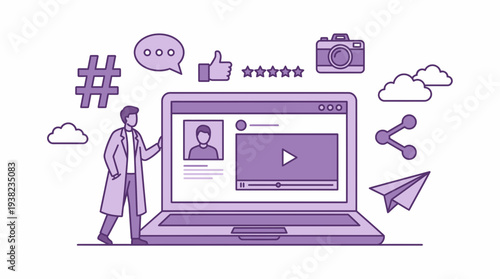Medical professional interacting with a laptop displaying a video player and social media icons, concept for digital marketing strategy, online education platform and content creation