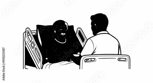 A person comforts an elderly individual in a hospital bed
