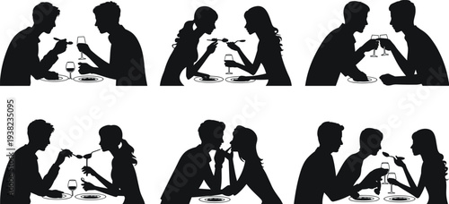 Young couple silhouettes set, man and woman standing together, embracing and showing peace sign for relationship and social lifestyle vector