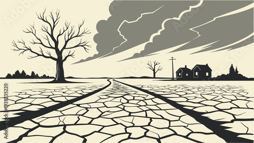 Black and White Vector Illustration of a Farmhouse and Tree in a Dry Cracked Earth Landscape