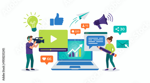 Videographer and content creator working on digital marketing strategy with social media icons and growth chart, concept for online campaign planning, content creation process and business promotion