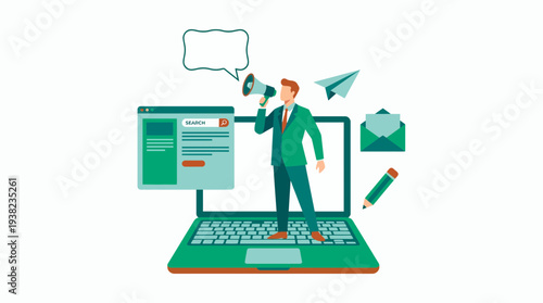Businessman shouting through megaphone next to laptop search window, concept for digital marketing strategy, online promotion campaign and content creation