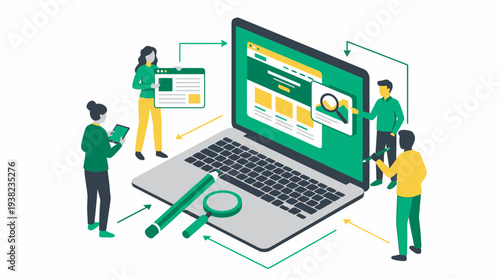 Team of business analysts reviewing website interface on a laptop screen, concept for digital marketing strategy, web development project and data analysis review