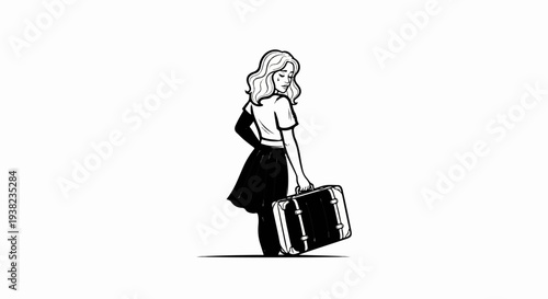 A woman with wavy hair and a sad expression holds a suitcase