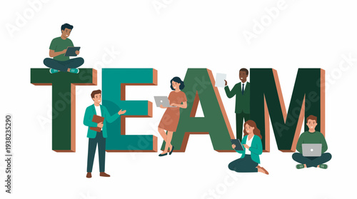 Diverse team of professionals interacting with large 3D text spelling 'TEAM' concept for business collaboration, corporate culture and project management success