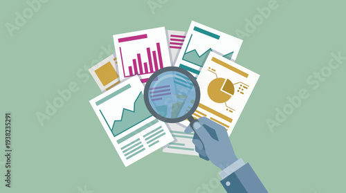 Businessman hand holding magnifying glass over financial reports with graphs and charts, concept for data analysis, audit review and business research