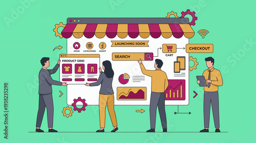 Business team developing e-commerce website workflow with product grid and checkout process, concept for web design service, online store launch and digital marketing strategy
