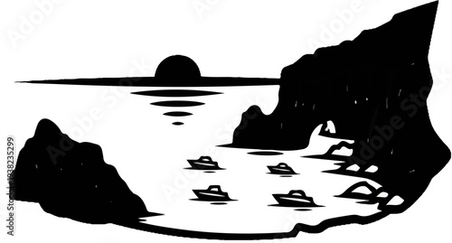 Silhouette of boats moored in a cove beneath a rocky cliff at sunset