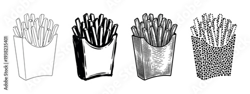 Various french fries illustrations presented in different artistic styles, perfect for menu designs or snack concepts.