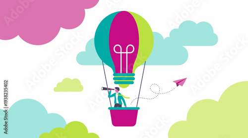 Businessman looking through telescope in hot air balloon shaped like a lightbulb, concept for vision planning, startup strategy and future success
