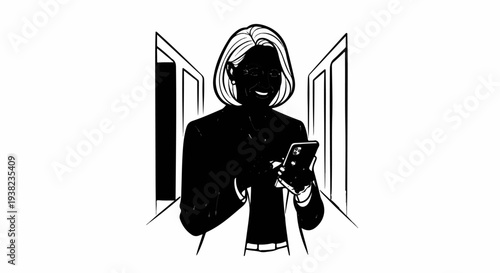 A smiling person in a suit looks at a smartphone in a hallway