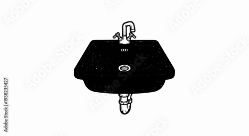 A black sink with chrome taps and plumbing, rendered in a sketchy style