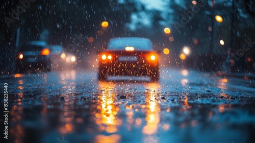 Car headlights illuminate the wet road in the pouring rain, reminding us of the dangers of climate change, which would be a fitting dramatic backdrop for articles on environmental issues.
