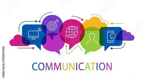 Colorful overlapping speech bubbles with technology icons, concept for digital marketing strategy, global networking and public relations