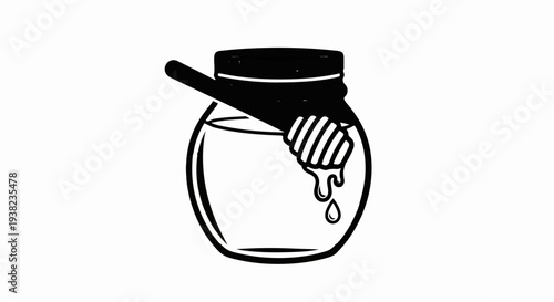 A black and white illustration of a jar of honey with a dipper