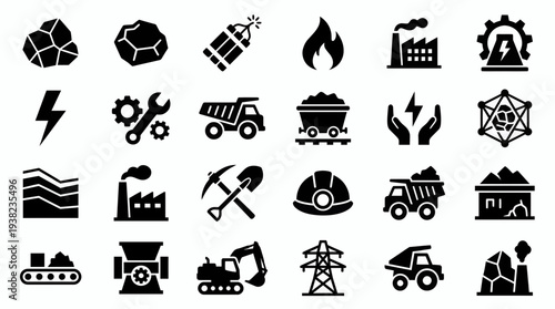 Set of black glyph icons representing mining industry, energy production and heavy machinery, concept for geological report, power generation theme and resource management