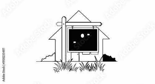 Black sign on a stick with a house outline and grass