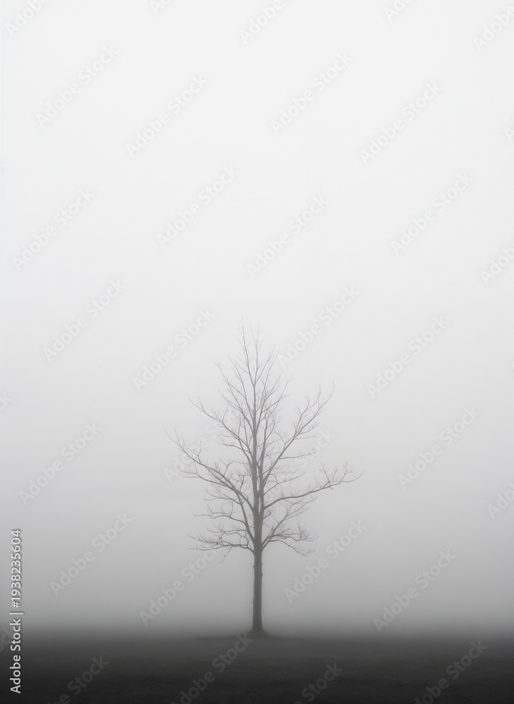 Obraz premium Beckett's lonely tree in an existential fog, depicting existential minimalism and emptiness, monochromatic, with space for text