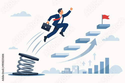 Businessman jumping from a spring to reach a higher career level on a staircase with a flag, symbolizing business growth, job promotion, professional success, and achievement of corporate goals.