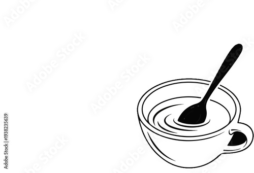 A simple black and white illustration of a cup with a spoon stirring a liquid