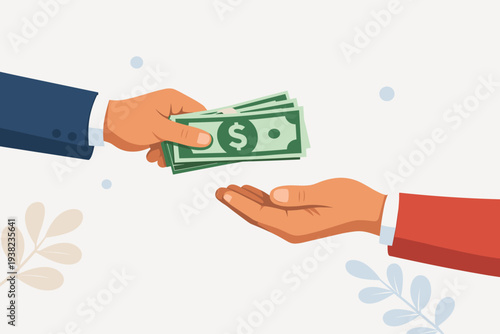 Business Hand Giving Cash Money to Another Hand for Payment, Loan, or Debt Concept. Illustration of Financial Transaction, Salary Bonus, Credit Lending, Bribery, and Investment Exchange.