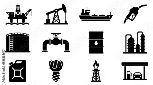 Set of black silhouette icons representing the oil and gas industry infrastructure, concept for energy sector reports, fuel business design and petroleum technology graphics