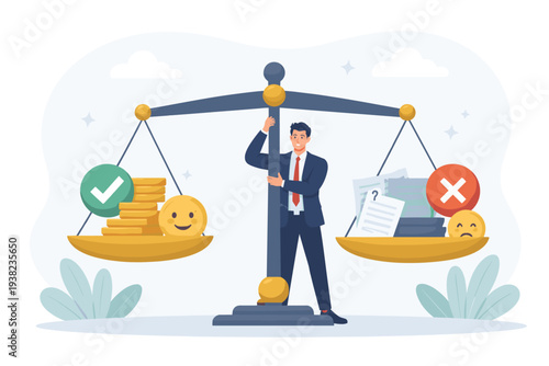 Businessman balancing advantages and disadvantages on a scale with money, happy face, and checkmark against paperwork, sad face, and cross mark, representing ethical decision making and value.