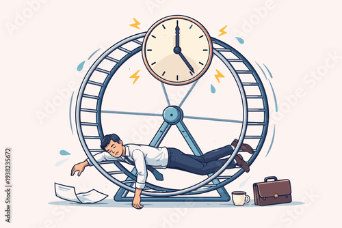 Exhausted businessman lying in a hamster wheel with a large clock, symbolizing burnout, fatigue from routine work, overwork, and time management problems in a corporate office environment.