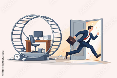 Businessman Running Out of an Open Door to Escape the Rat Race and Toxic Work Environment, Leaving Behind a Hamster Wheel Office Desk, Concept of Career Change, Freedom, and Work-Life Balance.