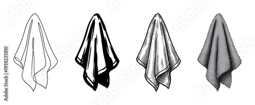 Four different styles of draped cloth illustrations are presented, showcasing various artistic techniques for textile representation.