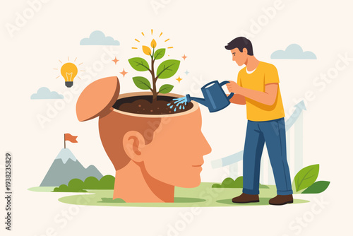 Growth Mindset and Personal Development Concept with Man Watering a Plant Growing Inside a Human Head for Self Improvement, Education, Success Motivation, Coaching, and Mental Health Training Vector