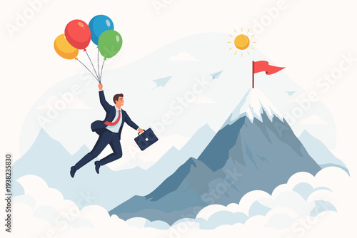 Businessman flying with colorful balloons towards a snowy mountain peak with a red flag, representing efficiency, career shortcut, and reaching ambitious business goals and targets easily.