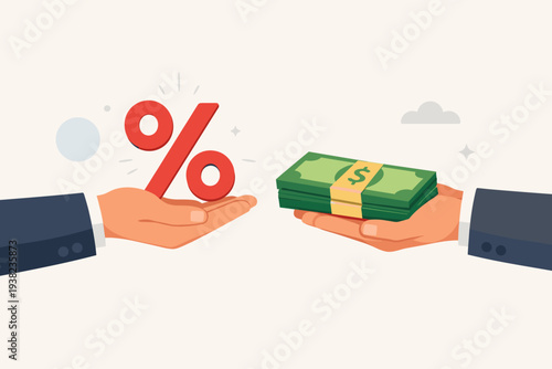 Business Hands Holding a Red Percentage Symbol and a Stack of Dollar Bills for Investment Profit, Interest Rates, Dividends, Financial Growth, Cashback, Discount Offers, and Income Tax Concept