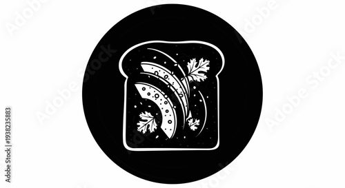Stylized illustration of sliced avocado and herbs on toast, presented within a circle