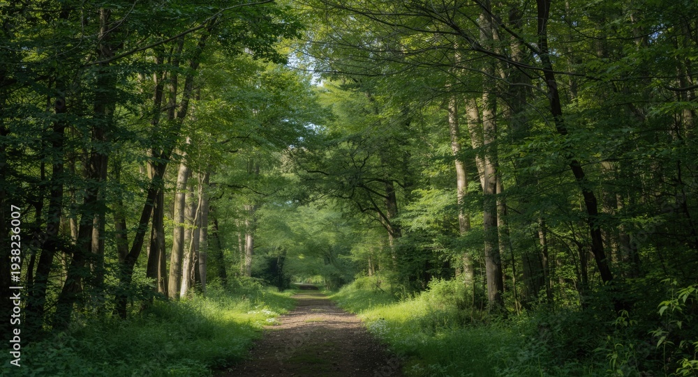 Fototapeta premium Beautiful forest tunnel passage framed by lush green trees on a sunny day
