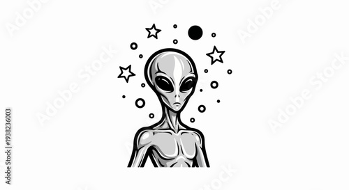 Stylized alien portrait surrounded by celestial objects and cosmic elements