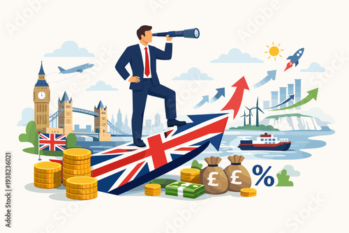 Businessman Looking Through Telescope on UK Flag Arrow Representing United Kingdom Economic Growth, Investment Opportunity, Financial Vision After Brexit, London Skyline and Pound Sterling