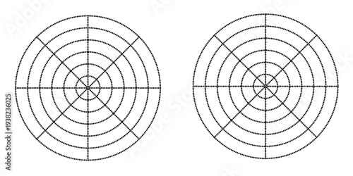 Black dot radial grid texture with crosses on white background. FUI science round grid backdrop. Math or technological notebook blank circular sheet.