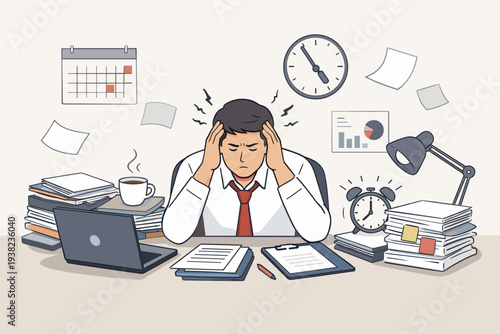Stressed Businessman Overwhelmed by Heavy Workload and Tight Deadlines at Cluttered Office Desk, Vector Illustration of Professional Burnout, Mental Fatigue, Anxiety, and Exhaustion from Overwork