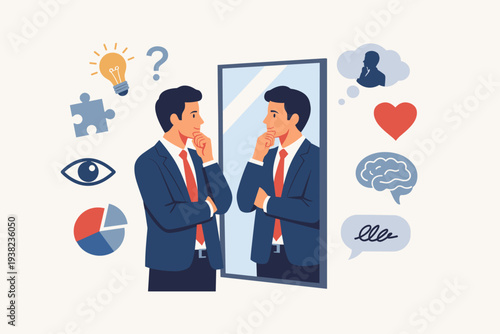 Businessman looking in mirror for self-awareness and introspection, psychological concept of self-discovery, identity, and emotional intelligence with icons for thoughts, feelings, and logic.