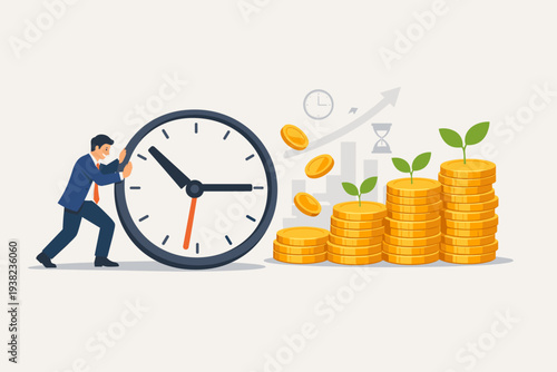 Businessman pushing a large clock towards stacks of gold coins with growing plants, representing time investment for long-term financial growth, wealth accumulation, and retirement planning.