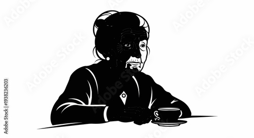Stylized depiction of an elder woman with a coffee cup