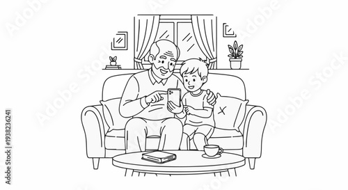 Grandfather and grandson share a phone on the couch, a book and coffee on the table