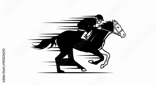Stylized illustration of a jockey and horse in motion, black and white
